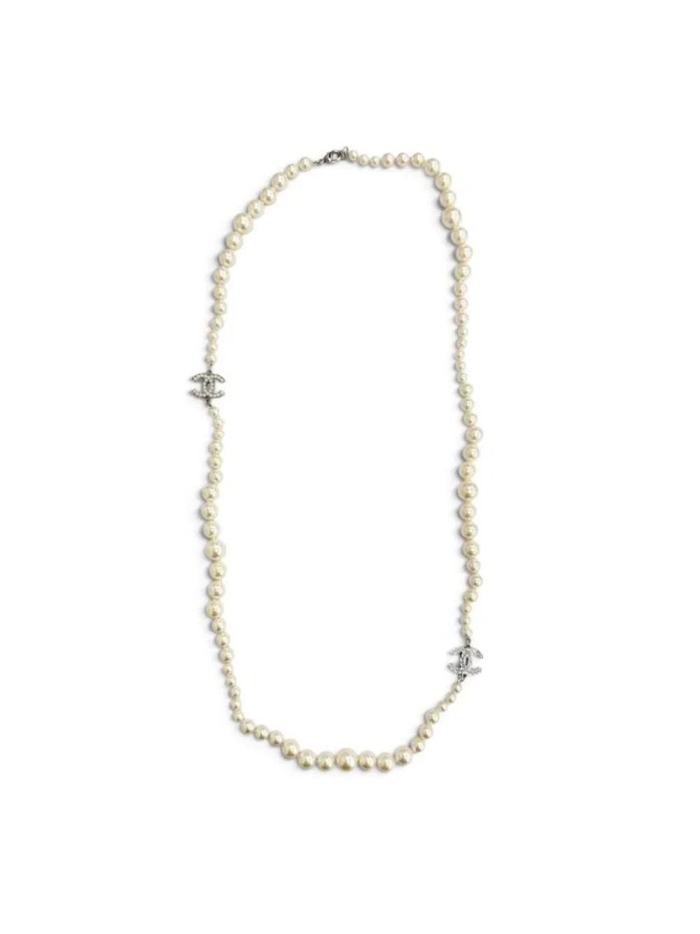 Chanel CC Logo Long Pearl Necklace White Silver